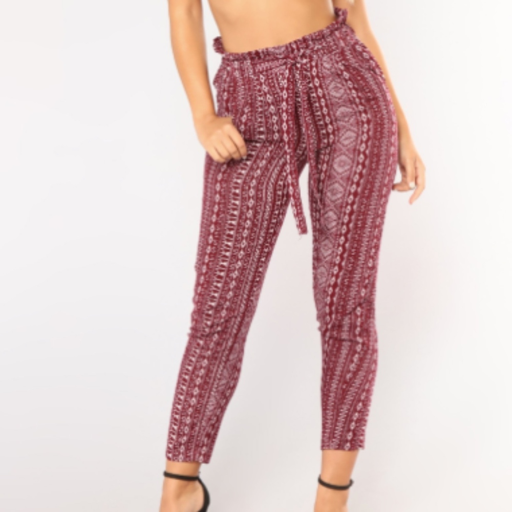 Burgundy & White Tribal Print Flowy Ankle Pants